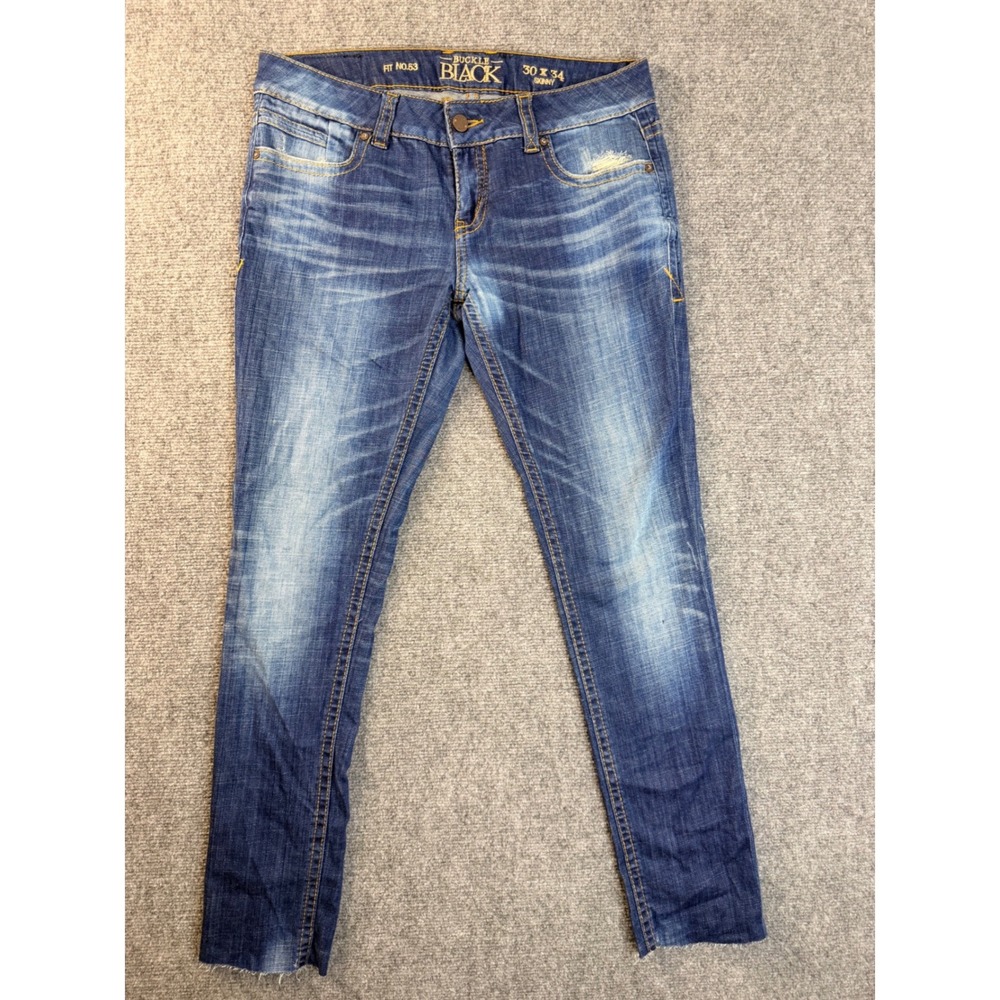 Buckle Black Fit No. 53 Skinny Jeans Mens 30x34 Blue Denim Distressed Frayed Hem